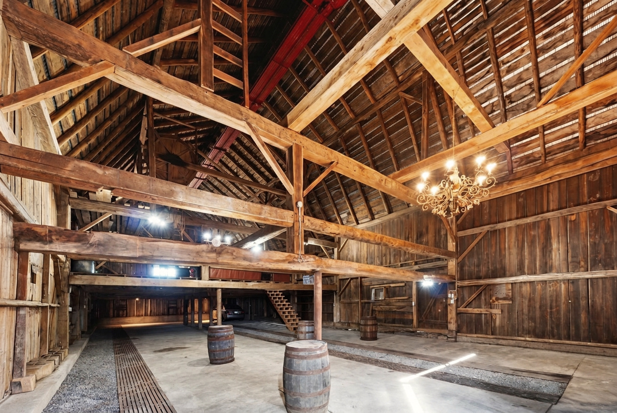 Main barn interior with exposed timber structure, chandelier and mezzanine