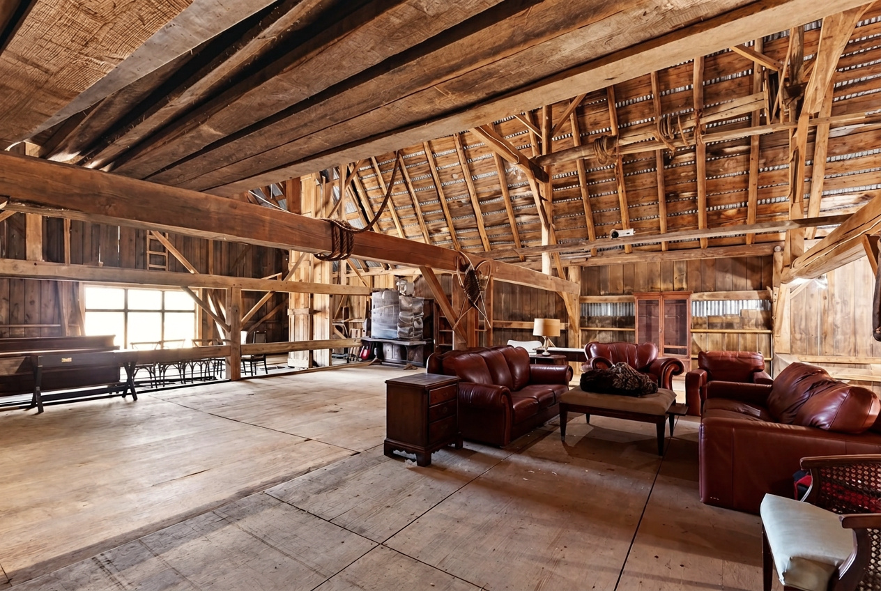 Barn mezzanine lounge with leather sofas beneath timber beams