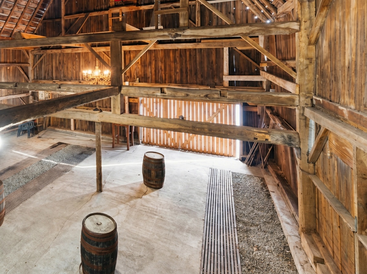 Elevated view across the main barn floor and timber posts