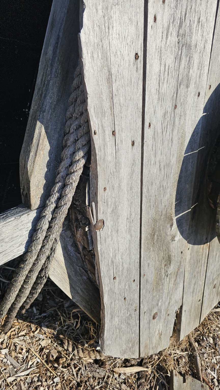 Weathered timber post grain with vintage rope